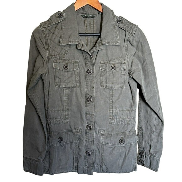 Eddie Bauer Jacket Womens Size Small Green Safari Cargo Pockets Linen Blend - Picture 1 of 10